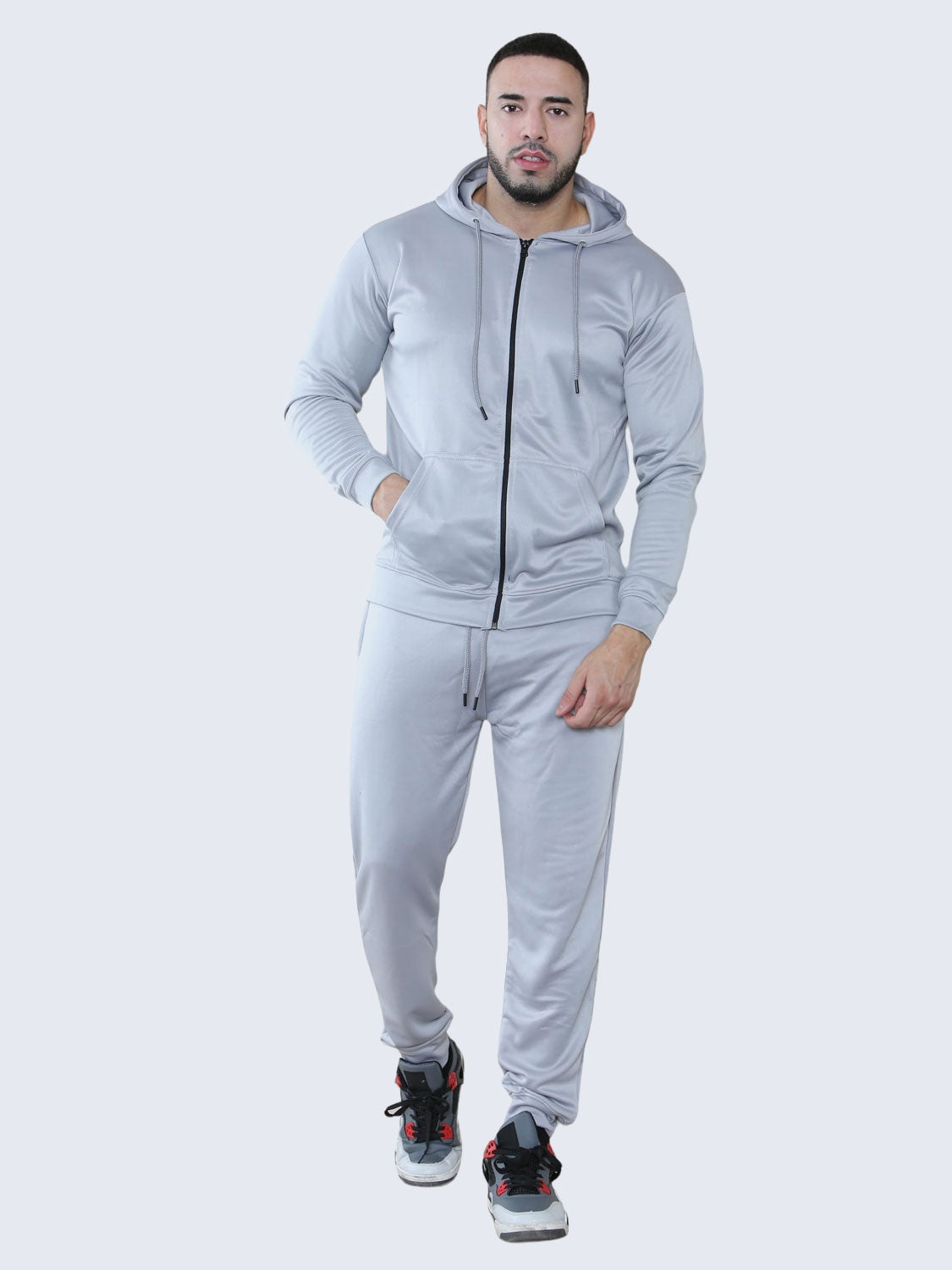 Men Plain Fleece Zipper Hoodie and Bottom 2-Pieces Tracksuit Set